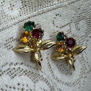 Elegant Vintage Gold Floral Earrings with Red, Green, and Yellow Rhinestone Gems